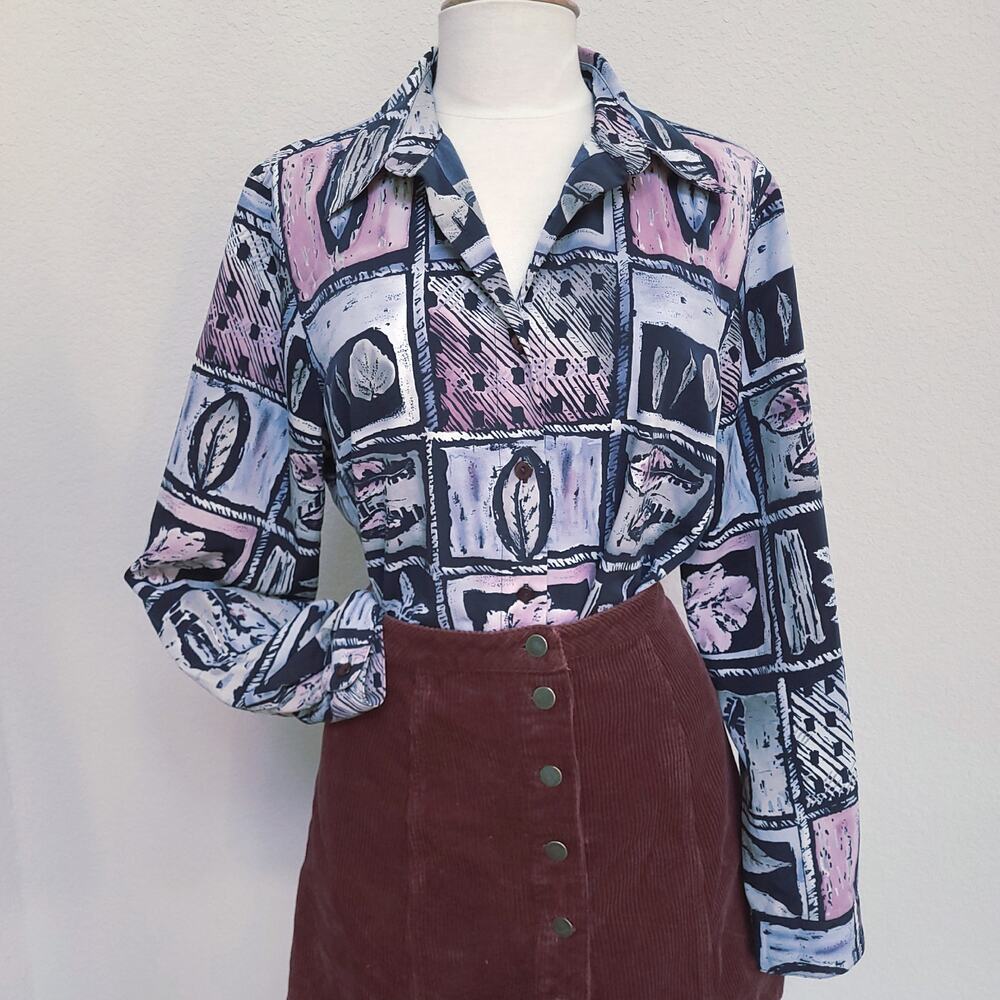 Alfred Dunner Blouse Shirt Womens 16 Navy Blue Pink Casual Office Button up